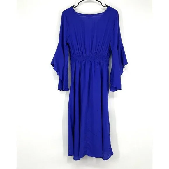 Umgee Dress Blue Ruffle Hi Lo Bell Sleeve V Neck Midi NWT - Picture 10 of 12